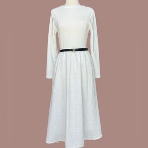 Timeless White Long-Sleeve Midi Dress with tweed Skirt and belt